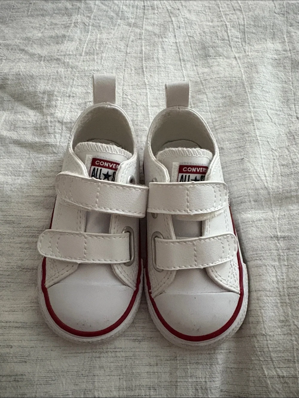 Converse White Kids Velcro Canvas Sneakers with Red Trim